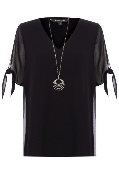 Short Sleeve Double Layer Chiffon Top with Necklace 